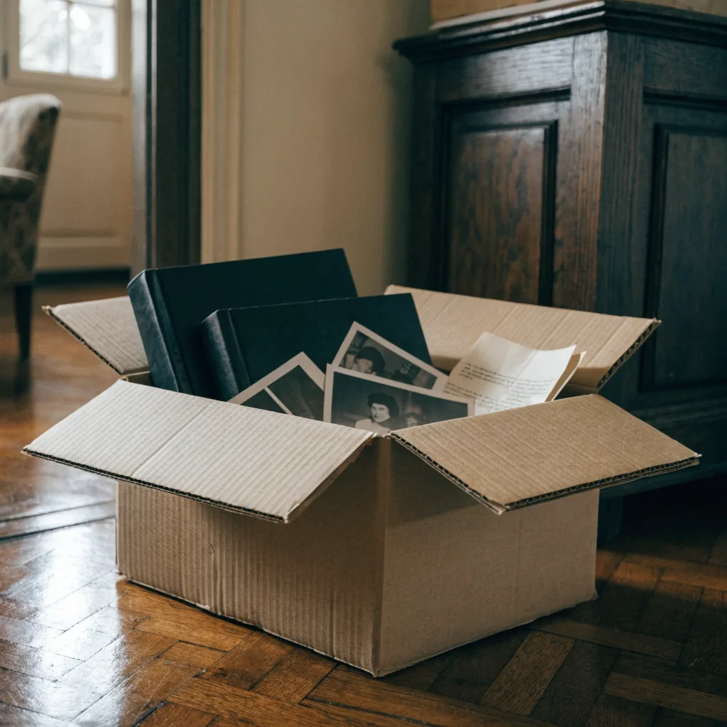 Symbolbild: Offener Umzugskarton auf Parkett mit Fotoalben, alten Schwarzweißfotos und einem Brief, daneben ein dunkler Holzschrank; kein echter Sorglos-Auftrag