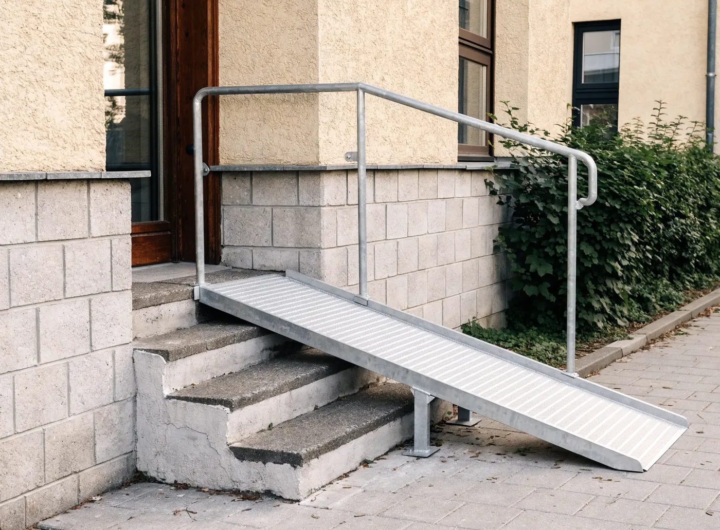 Rollstuhlrampe aus hellem Metall neben drei Stufen mit Handlauf.