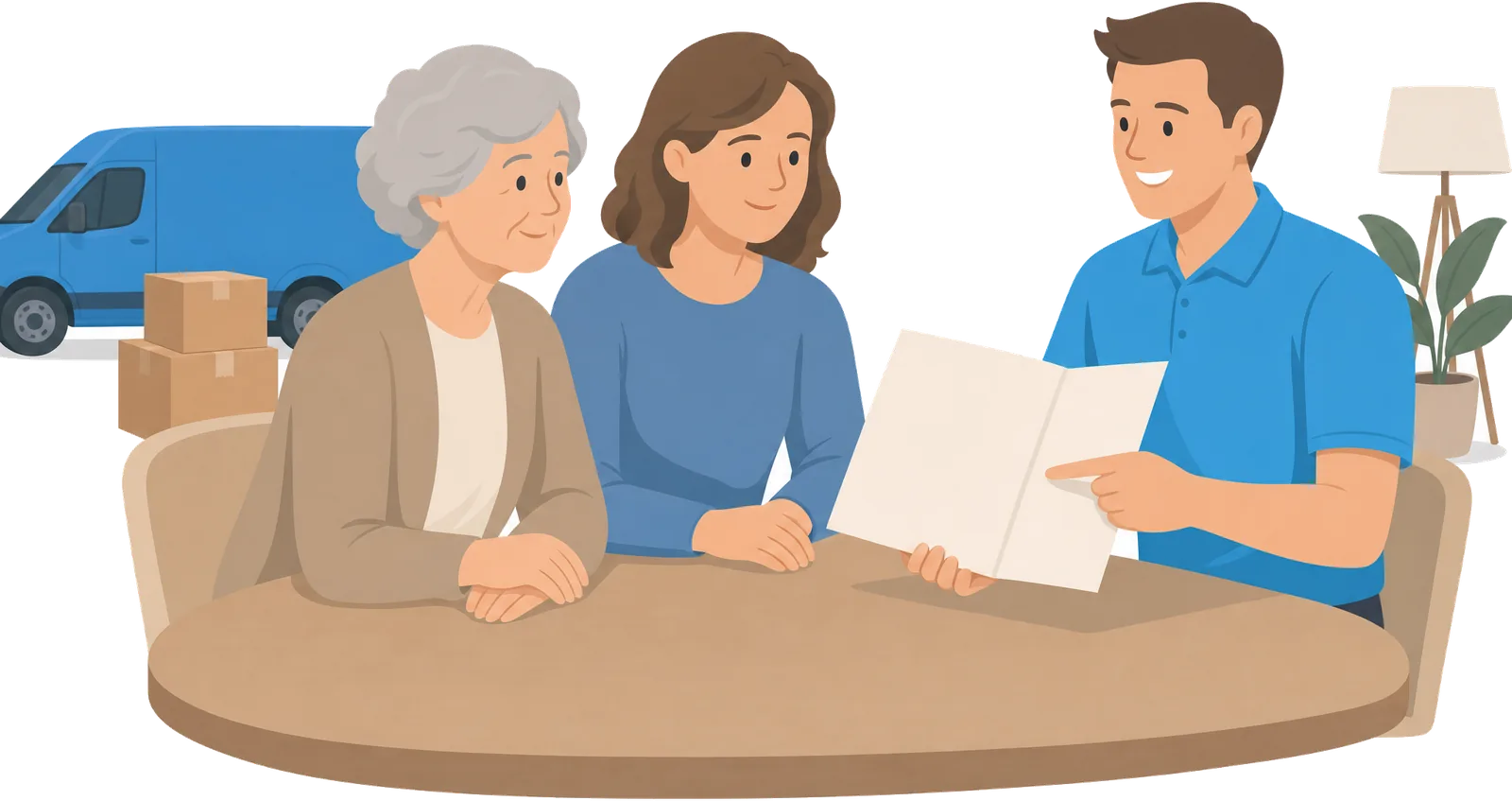 Illustration: Zwei Angehörige sitzen am Tisch, ein Mitarbeiter im blauen Polo zeigt ihnen Unterlagen zur Pflegekasse.