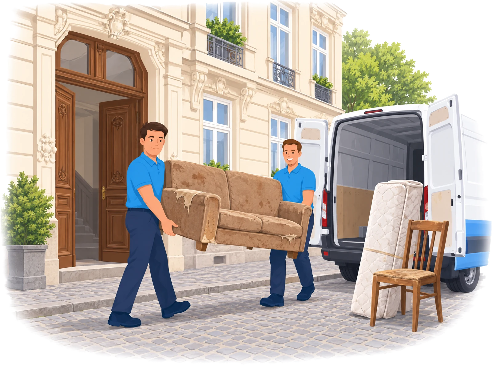 Illustration: Zwei Mitarbeiter in hellblauen Polos tragen ein altes Sofa aus einem Leipziger Altbau zum Transporter, daneben warten Matratze und Stuhl