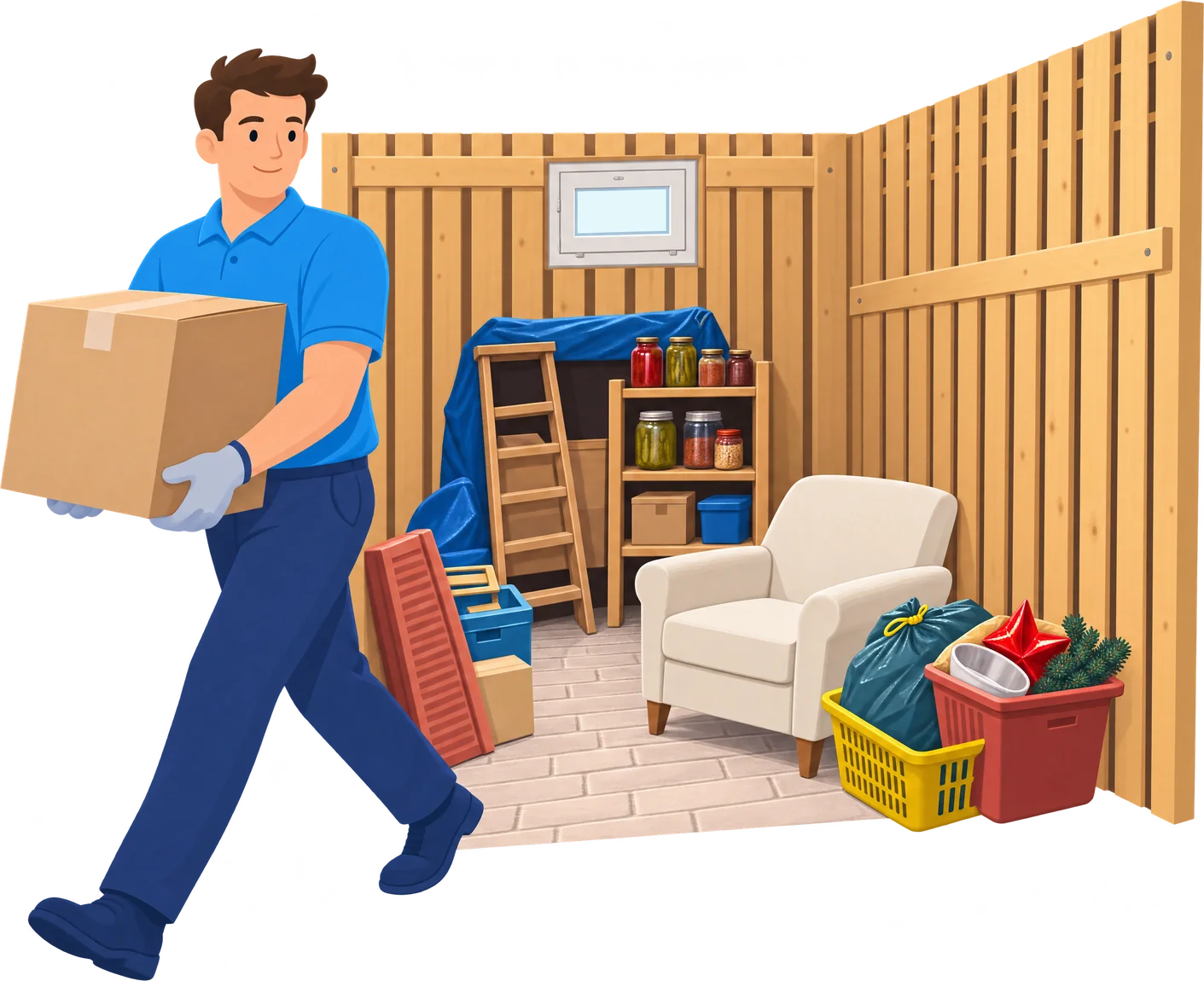 Illustration: Mitarbeiter trägt Kartons aus einem vollgestellten Kellerabteil mit Holzlatten-Verschlag