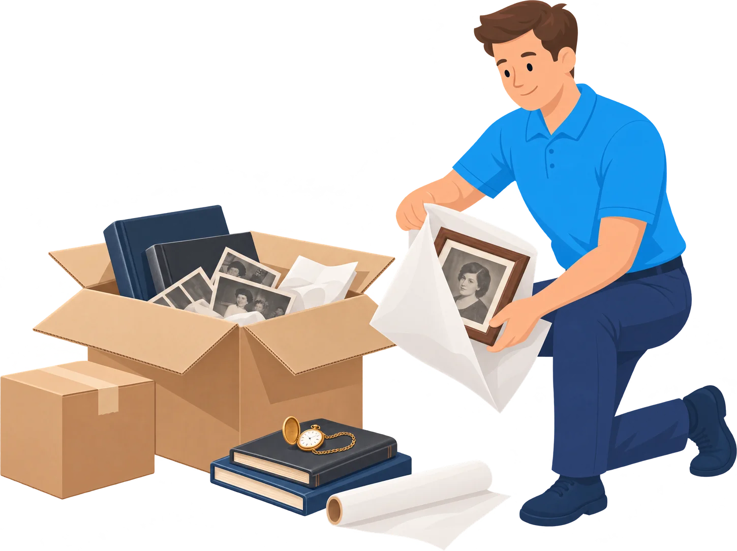 Illustration: Mitarbeiter verpackt bei einer Nachlassräumung Fotos und Erinnerungsstücke behutsam in einen Karton