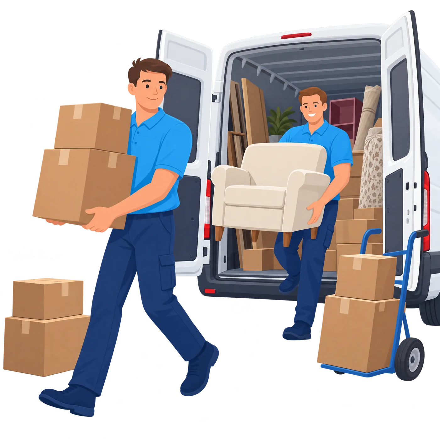 Illustration: Zwei Mitarbeiter im hellblauen Polo laden Kartons und einen Sessel aus einem Transporter