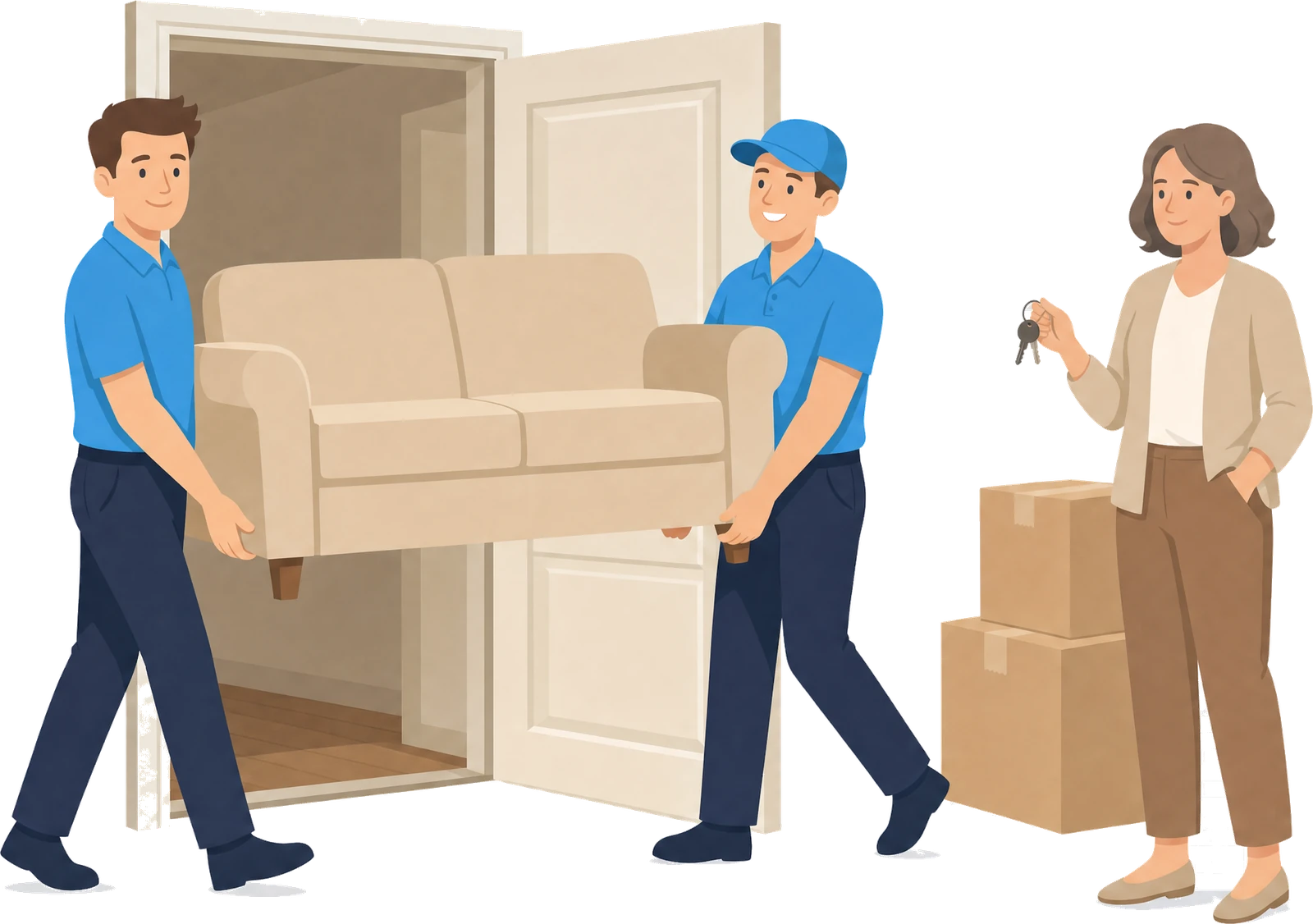 Illustration: Zwei Mitarbeiter tragen ein Sofa aus der Wohnungstür, daneben steht die Kundin mit Kartons