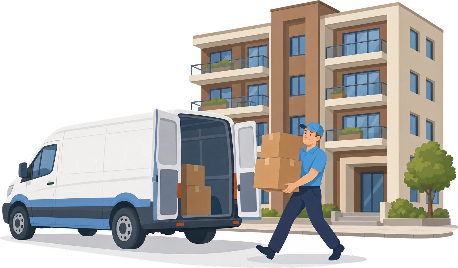 Illustration: Ein Mitarbeiter trägt einen Karton aus einem mehrstöckigen Wohnhaus zum Transporter