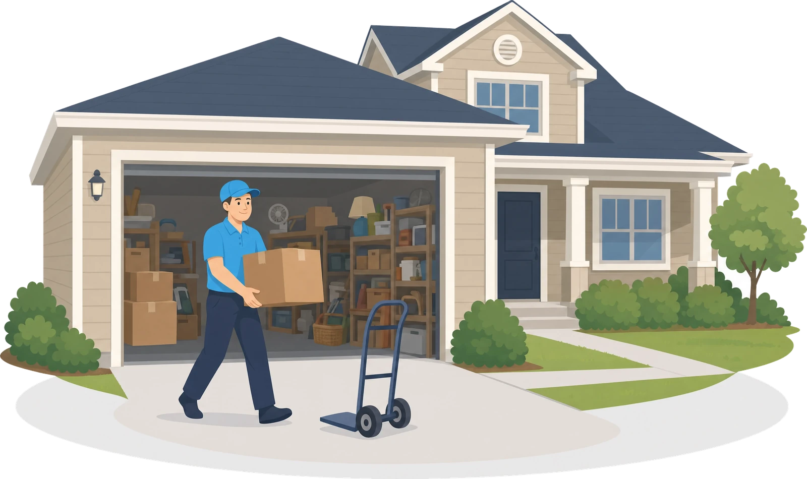Illustration: Ein Mitarbeiter trägt Kartons aus der offenen Garage eines Einfamilienhauses