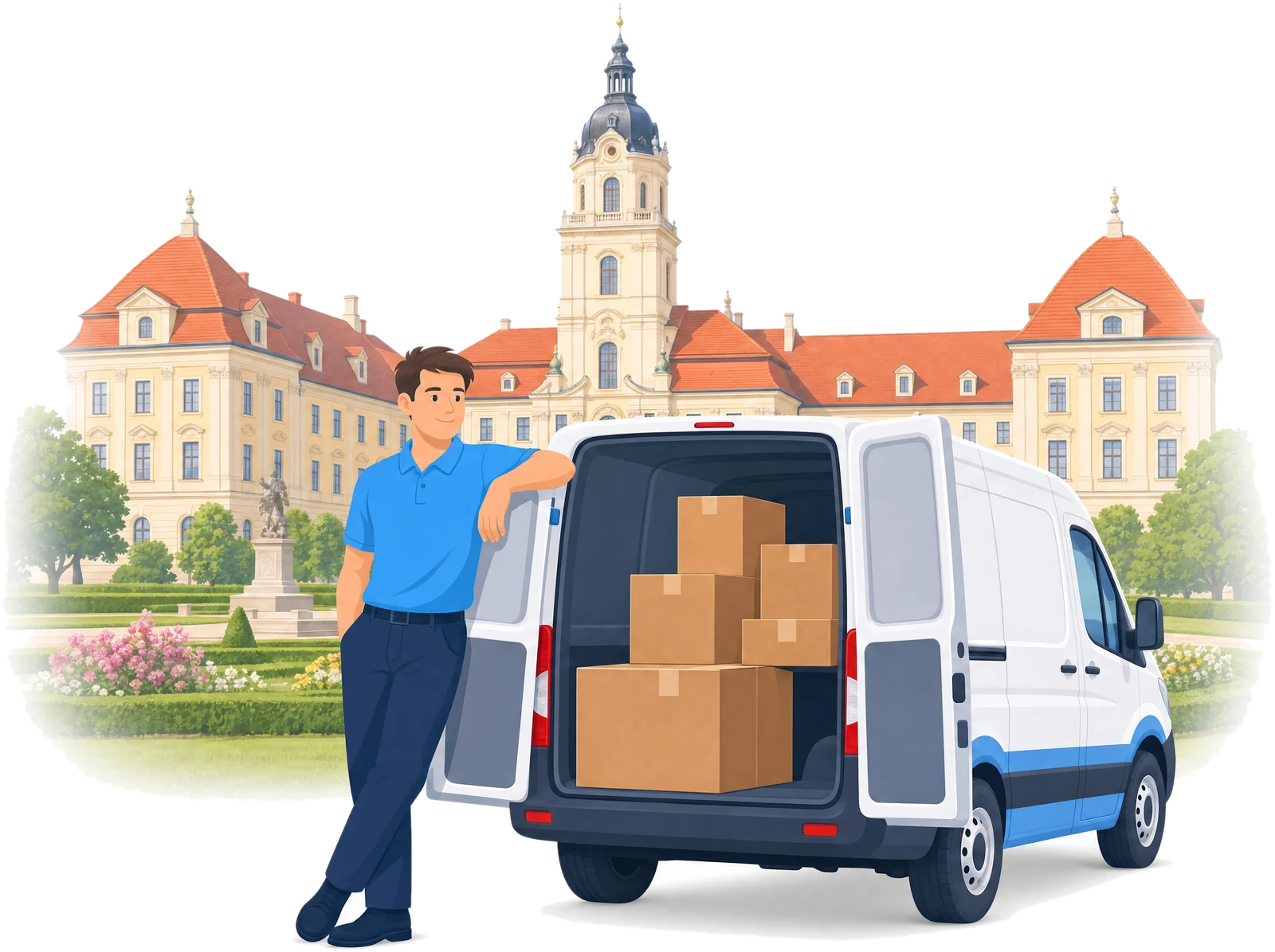 Illustration: Ein Mitarbeiter am geöffneten Transporter vor einem Barockschloss