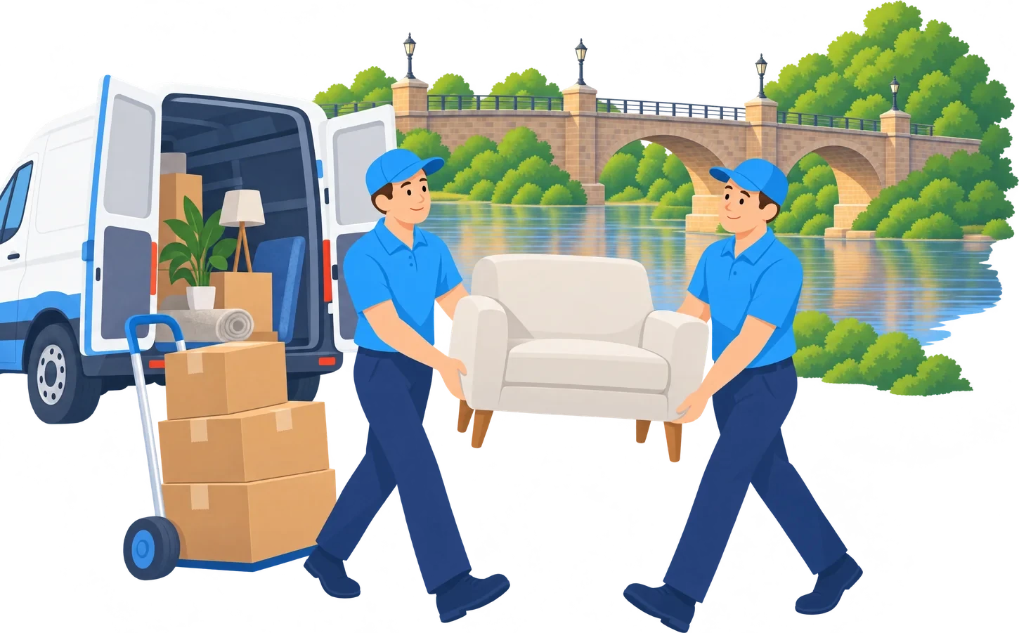 Illustration: Zwei Mitarbeiter tragen einen Sessel und Kartons zum Transporter, dahinter eine Flussbrücke