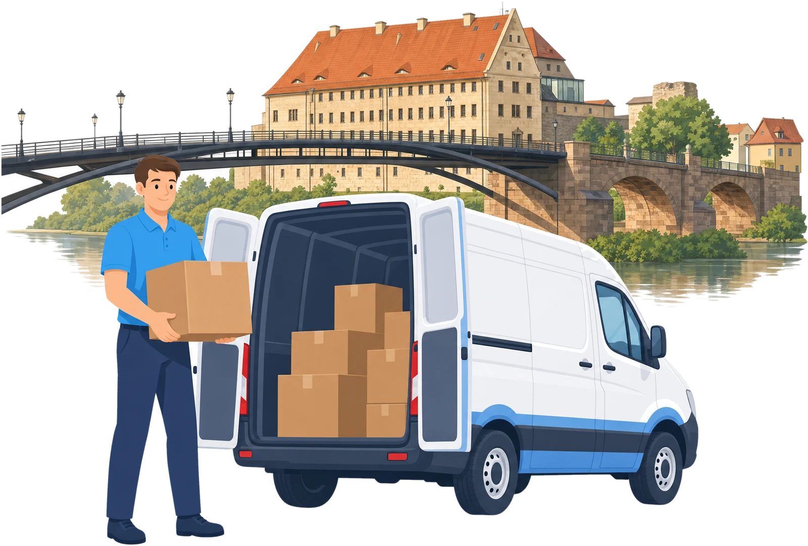 Illustration: Ein Mitarbeiter mit Karton am Transporter vor einer Flussbrücke