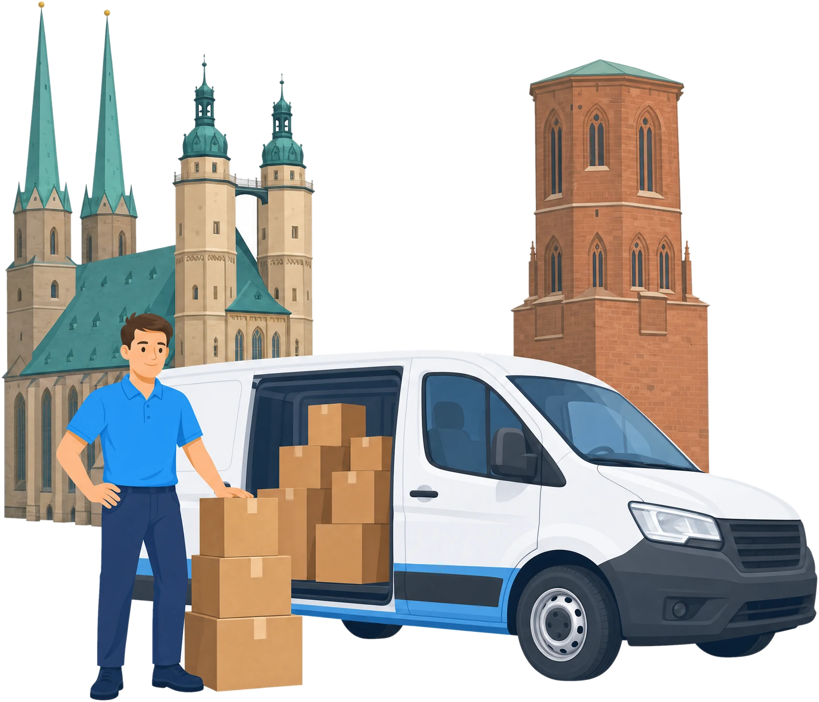 Illustration: Ein Mitarbeiter lädt Umzugskartons in den Transporter vor einer Kirche mit vier Türmen und einem roten Backsteinturm