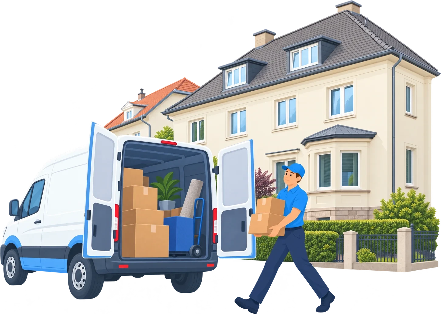 Illustration: Ein Mitarbeiter schiebt eine Sackkarre mit Kartons zum offenen Transporter vor einem Wohnhaus