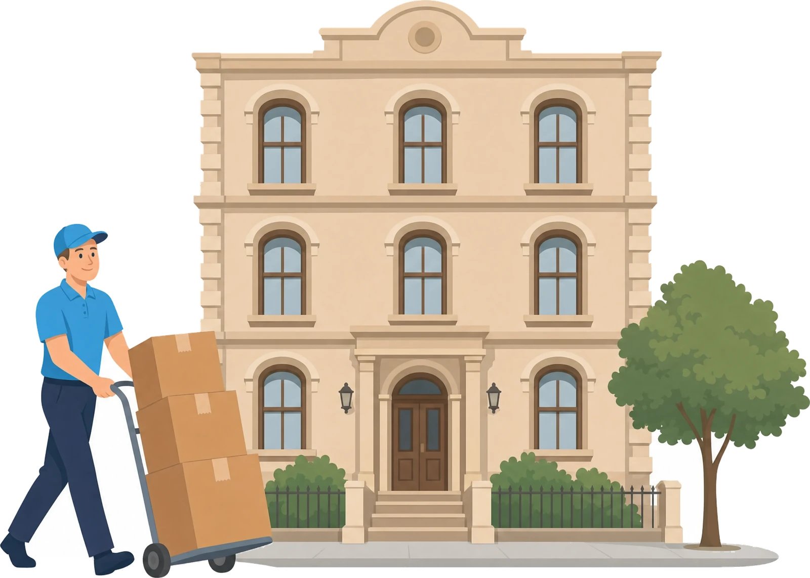 Illustration: Ein Mitarbeiter schiebt eine Sackkarre mit Kartons an einem hellen Altbau vorbei