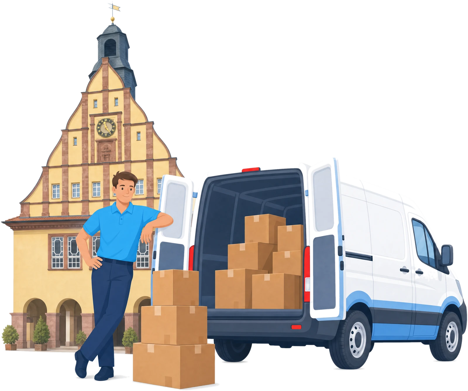 Illustration: Ein Mitarbeiter mit Umzugskartons am Transporter vor einem Rathaus mit Staffelgiebel und Turmuhr