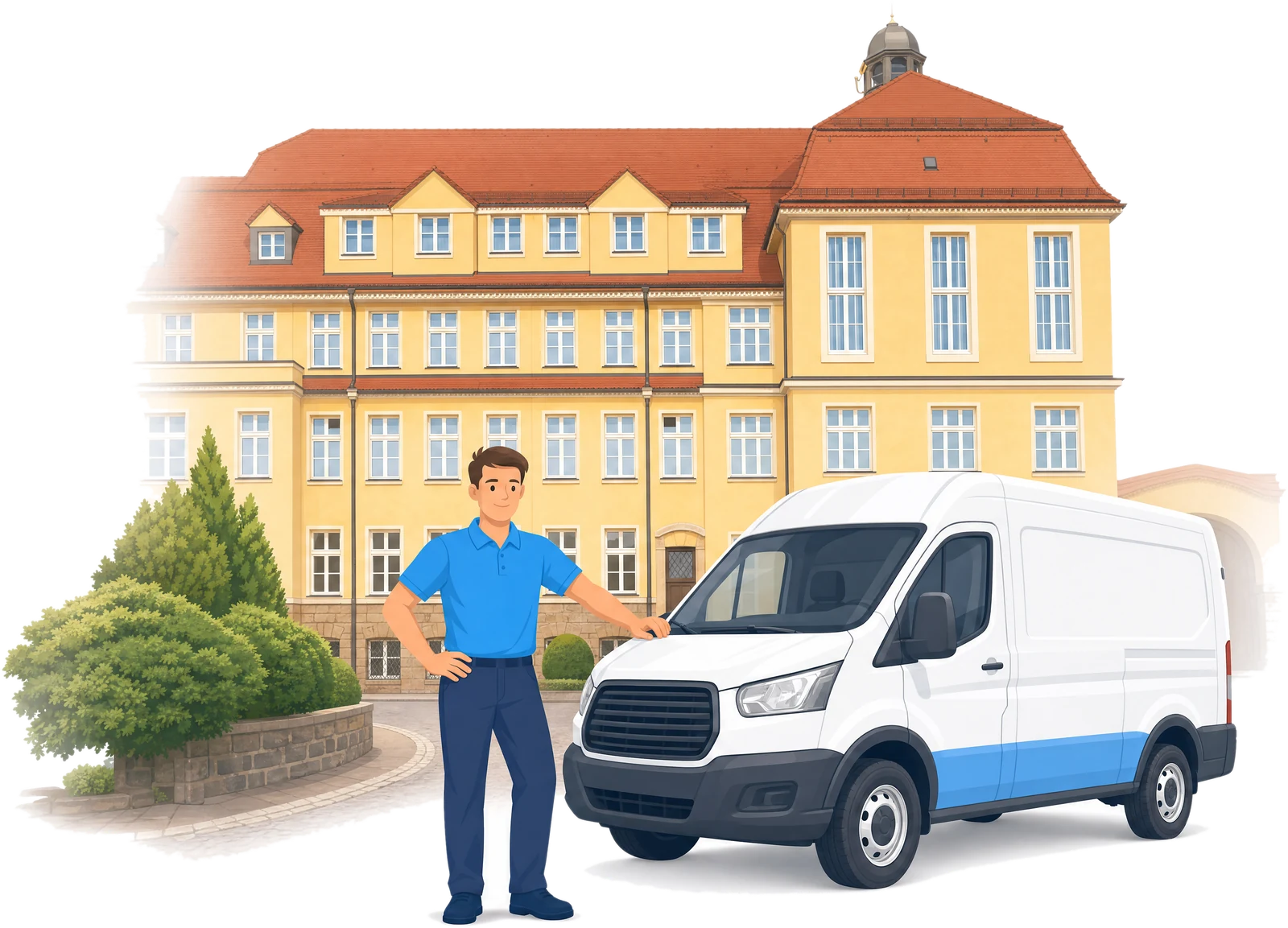 Illustration: Ein Mitarbeiter am Transporter vor einem gelben Barockgebäude mit rotem Walmdach