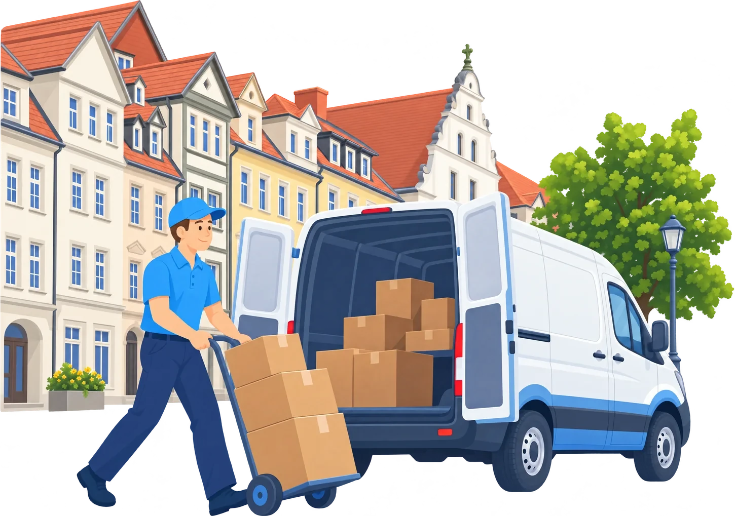 Illustration: Ein Mitarbeiter mit Sackkarre und ein Transporter vor bunten Giebelhäusern einer Altstadt