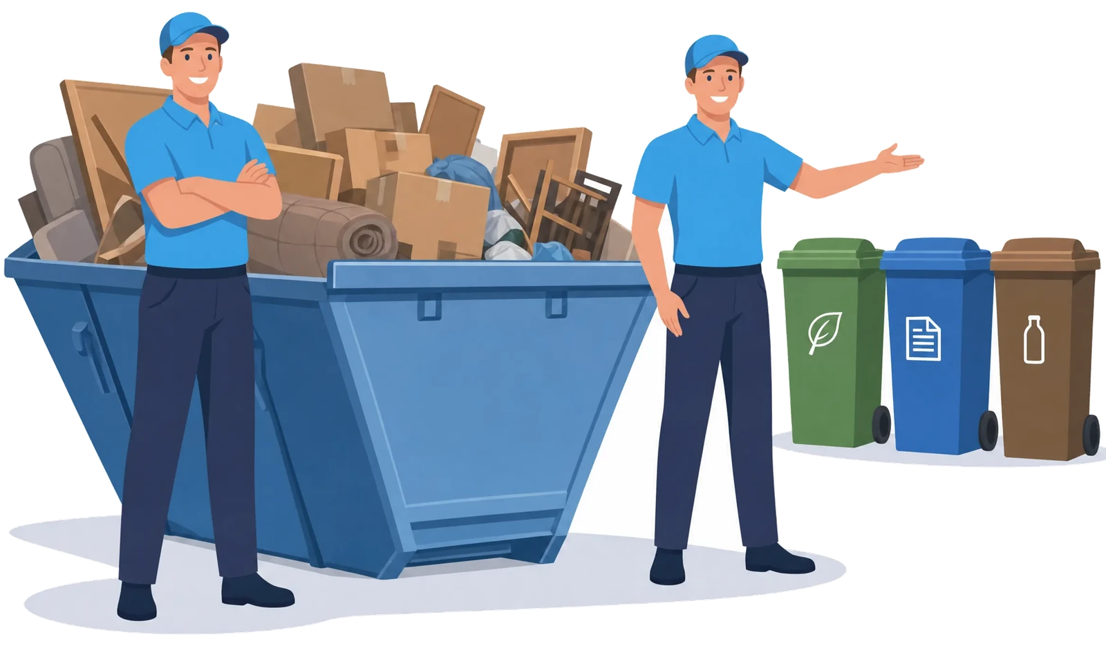 Illustration: Zwei Mitarbeitende stehen neben einem beladenen Container und getrennten Abfallbehältern.