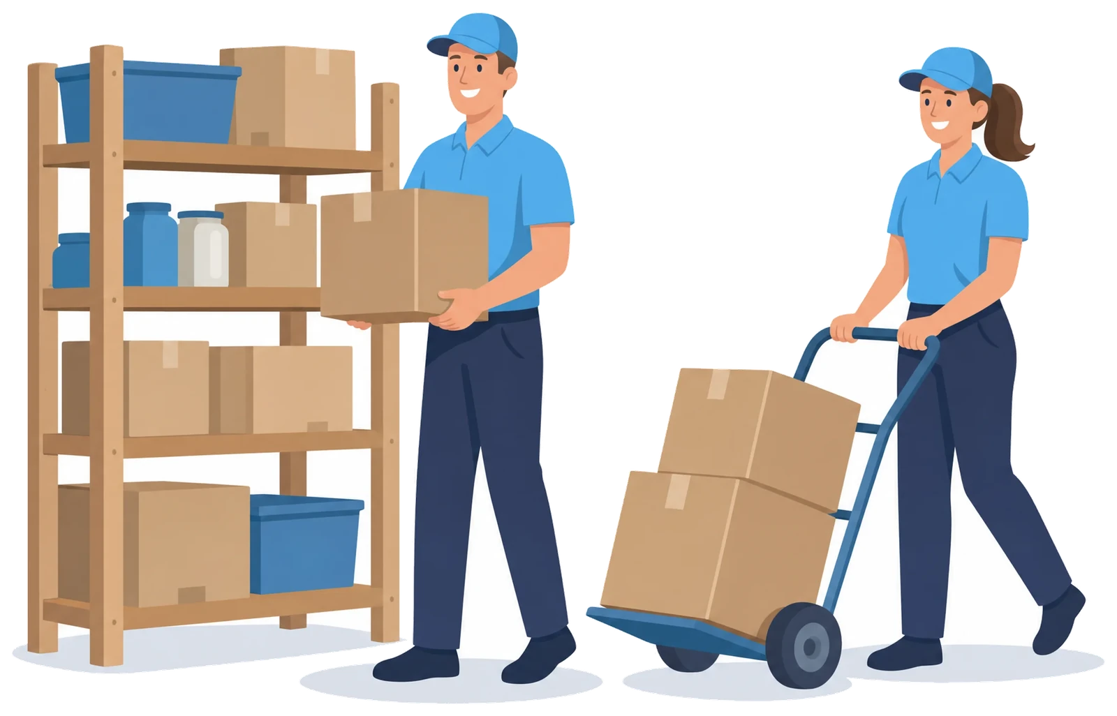 Illustration: Zwei Mitarbeitende tragen Kartons und fahren eine Sackkarre neben einem Lagerregal.