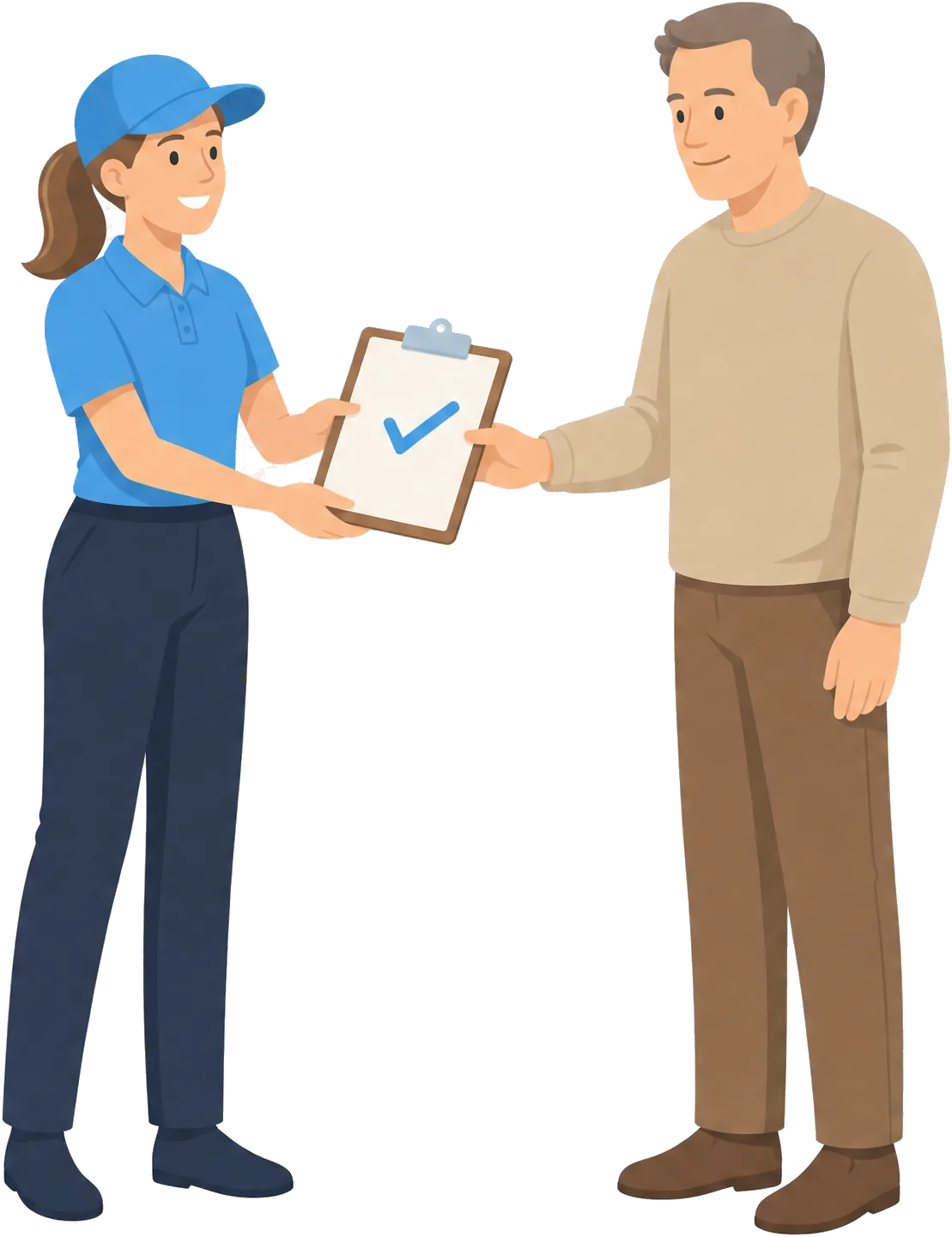 Illustration: Eine Mitarbeiterin übergibt einem Kunden ein Klemmbrett mit abgehaktem Angebot.