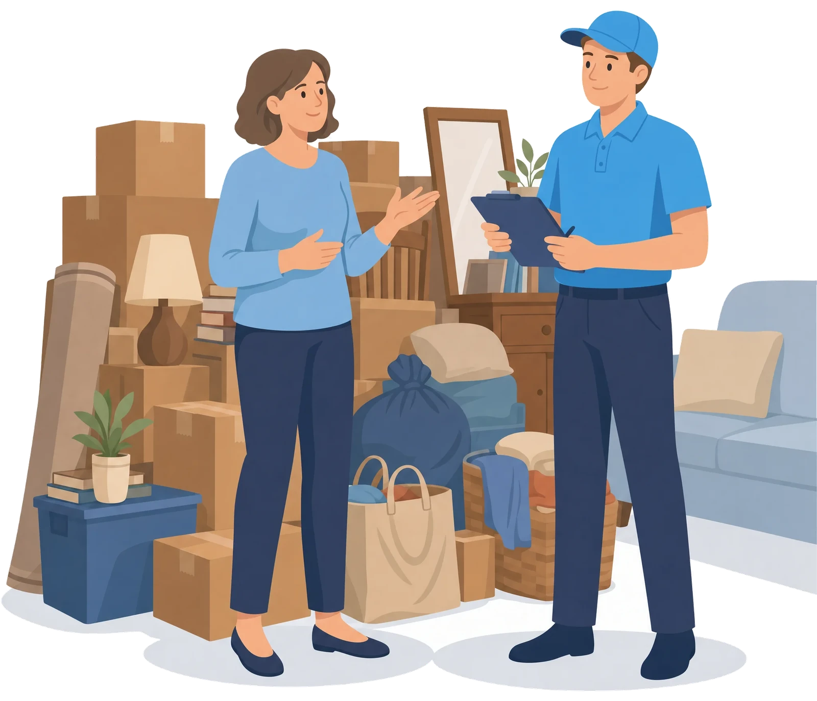 Illustration: Eine Frau bespricht mit einem Mitarbeiter eine Räumung; zwischen ihnen stehen Kartons und Möbel.