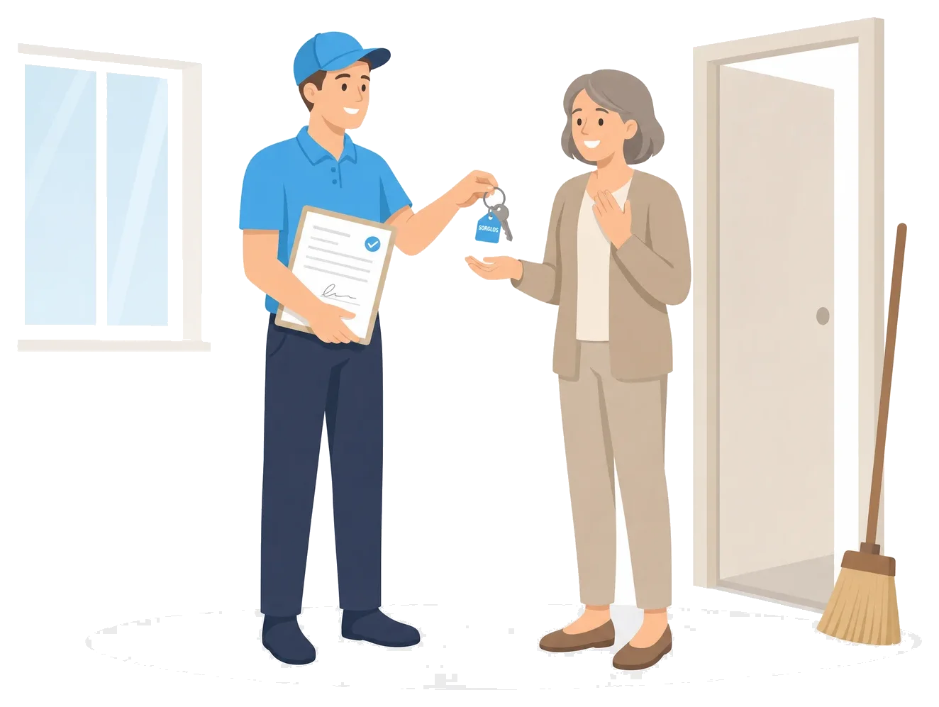 Illustration: Mitarbeiter übergibt der Kundin die Schlüssel vor leerem Raum, Besen lehnt an der Seite; Symbolbild.