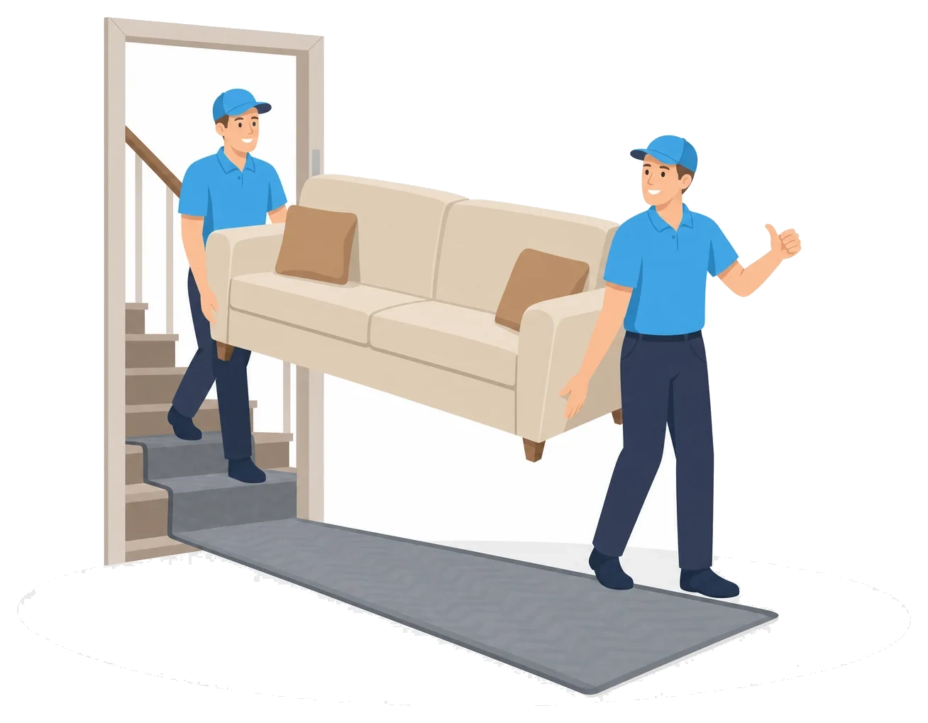 Illustration: Zwei Mitarbeiter tragen ein Sofa vorsichtig durch das Treppenhaus, Schutzläufer auf dem Boden; Symbolbild.