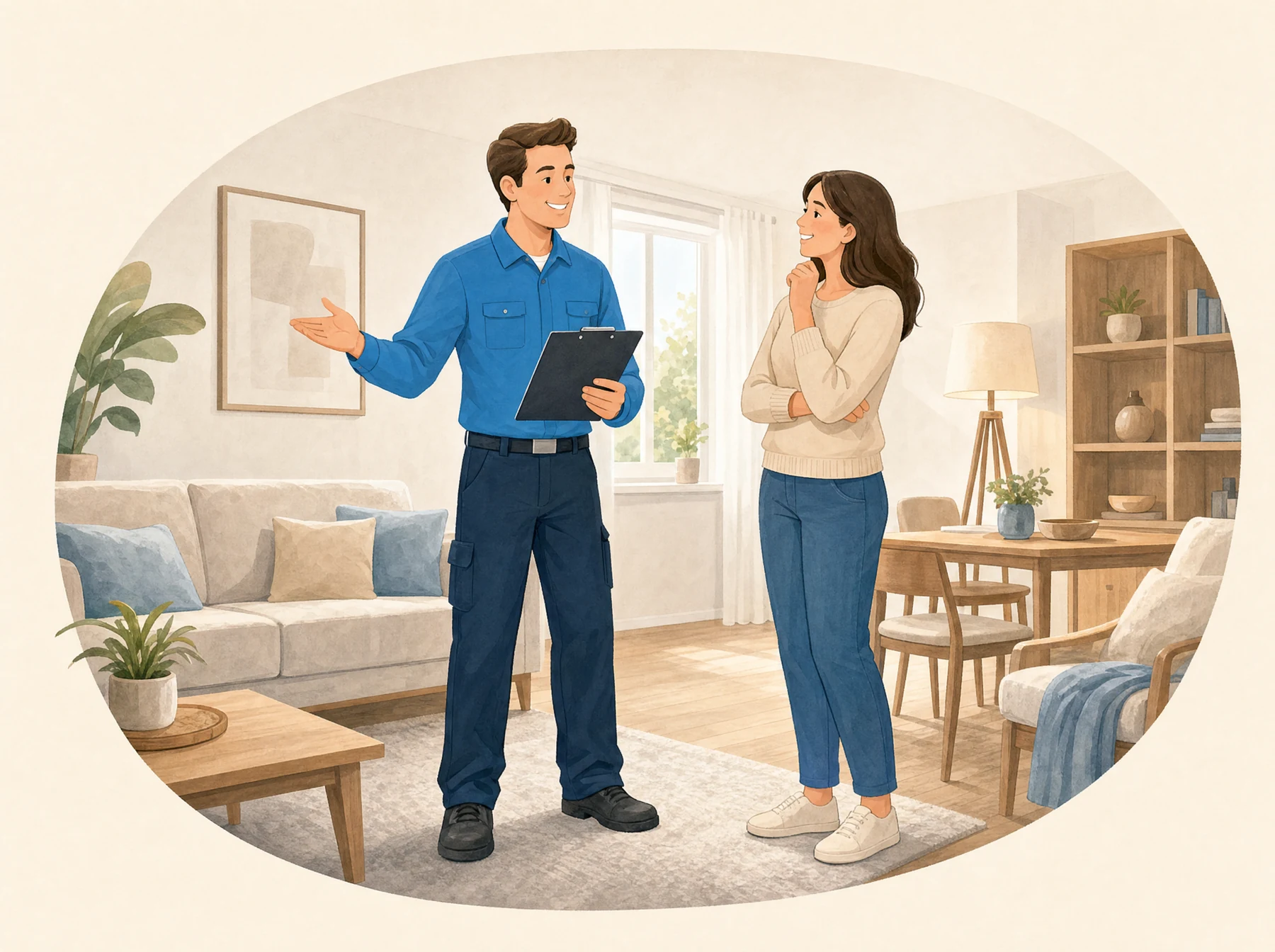 Illustration: Ein Mitarbeiter im blauen Polo mit Klemmbrett zeigt einer Frau ein möbliertes Wohnzimmer