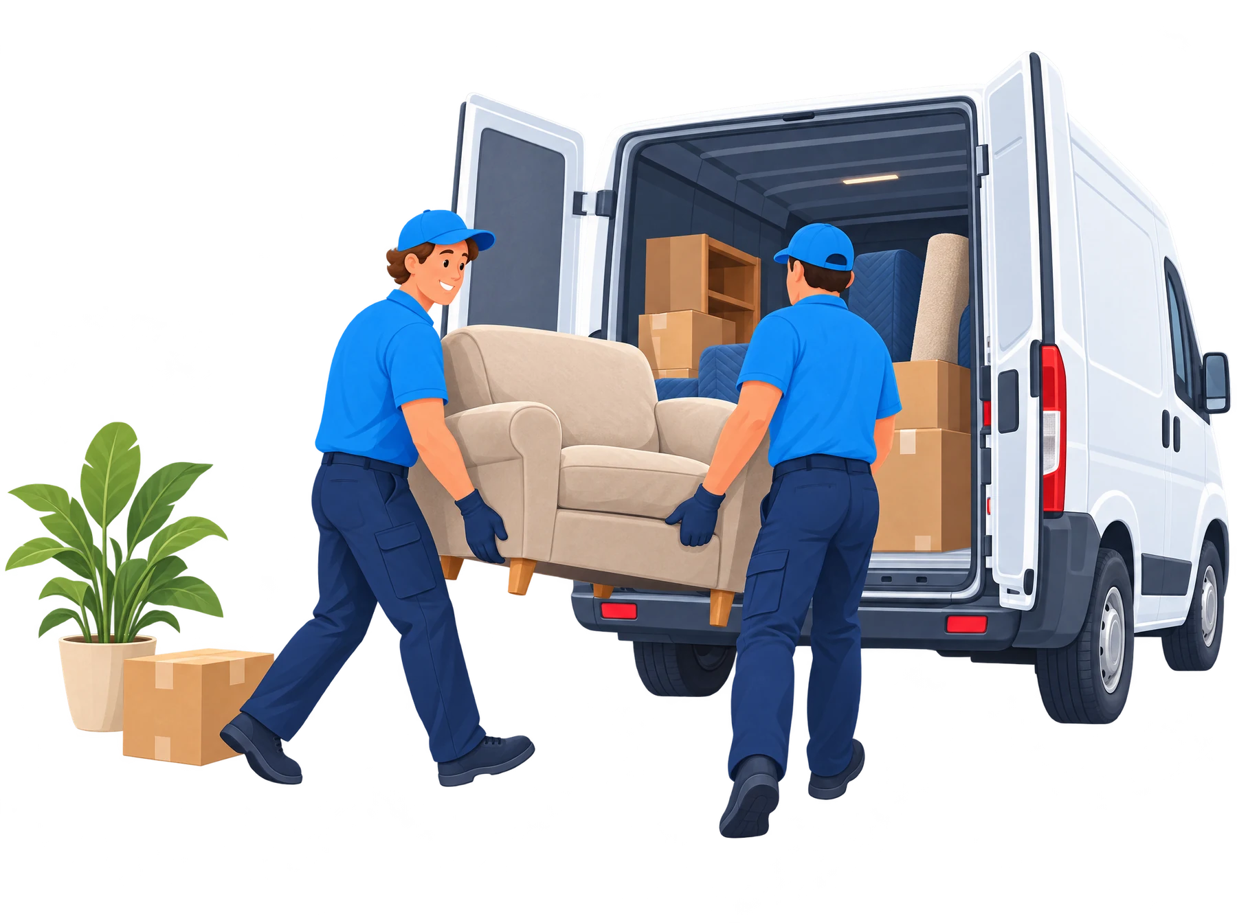Illustration: Zwei Mitarbeiter von Sorglos Entrümpeln tragen einen Sessel zum offenen Transporter, in dem schon Kartons, ein Regal und ein Teppich stehen