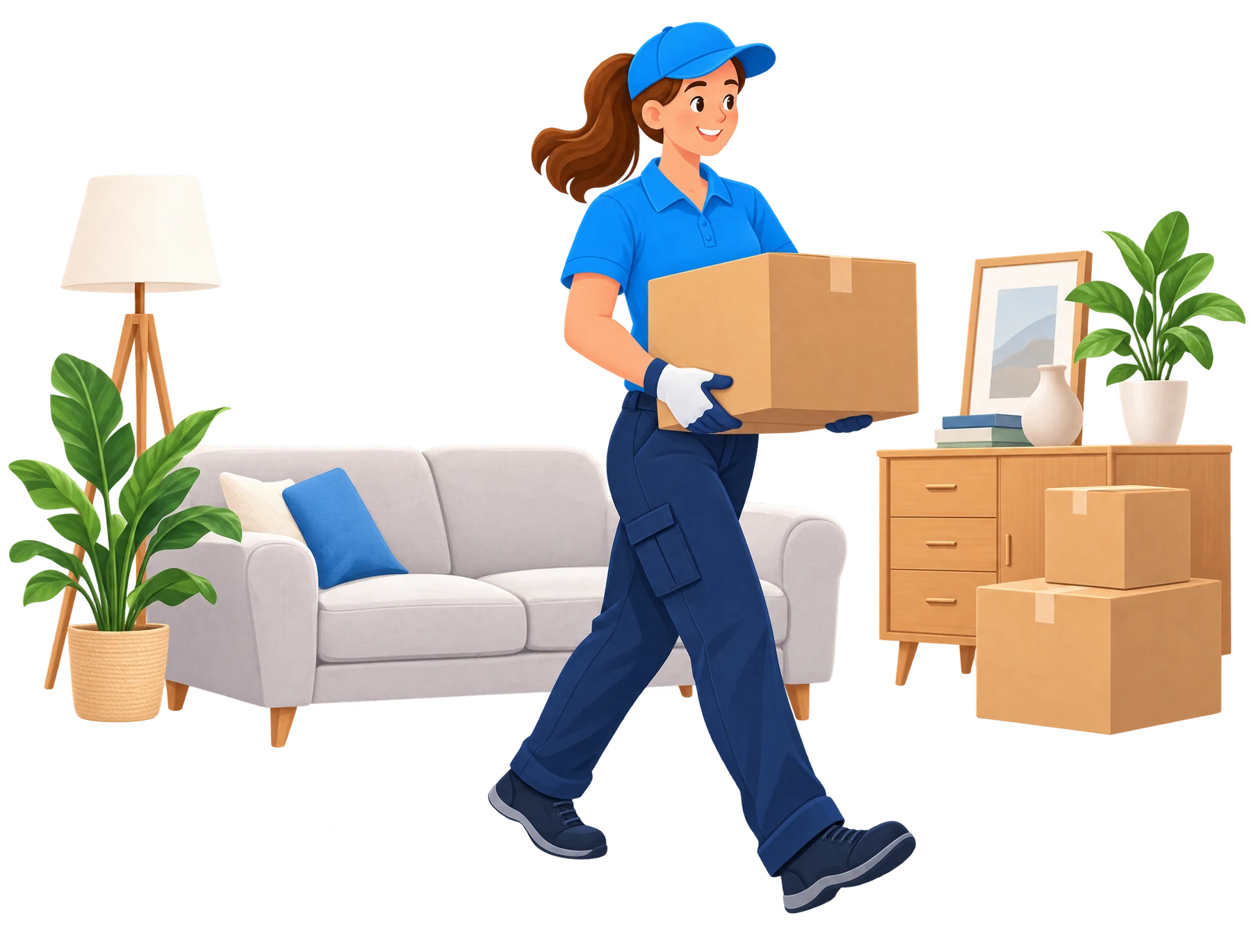 Illustration: Eine Mitarbeiterin in blauem Polo trägt einen Karton durch ein Wohnzimmer mit Sofa, Kommode und gestapelten Kartons.