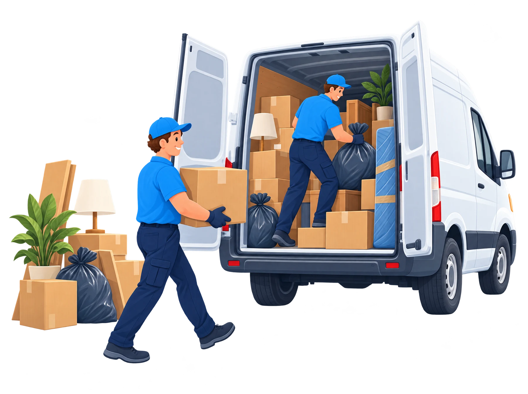 Illustration: Zwei Mitarbeiter im blauen Polo beladen einen Transporter mit Kartons, Müllsäcken, einer Lampe und Pflanzen
