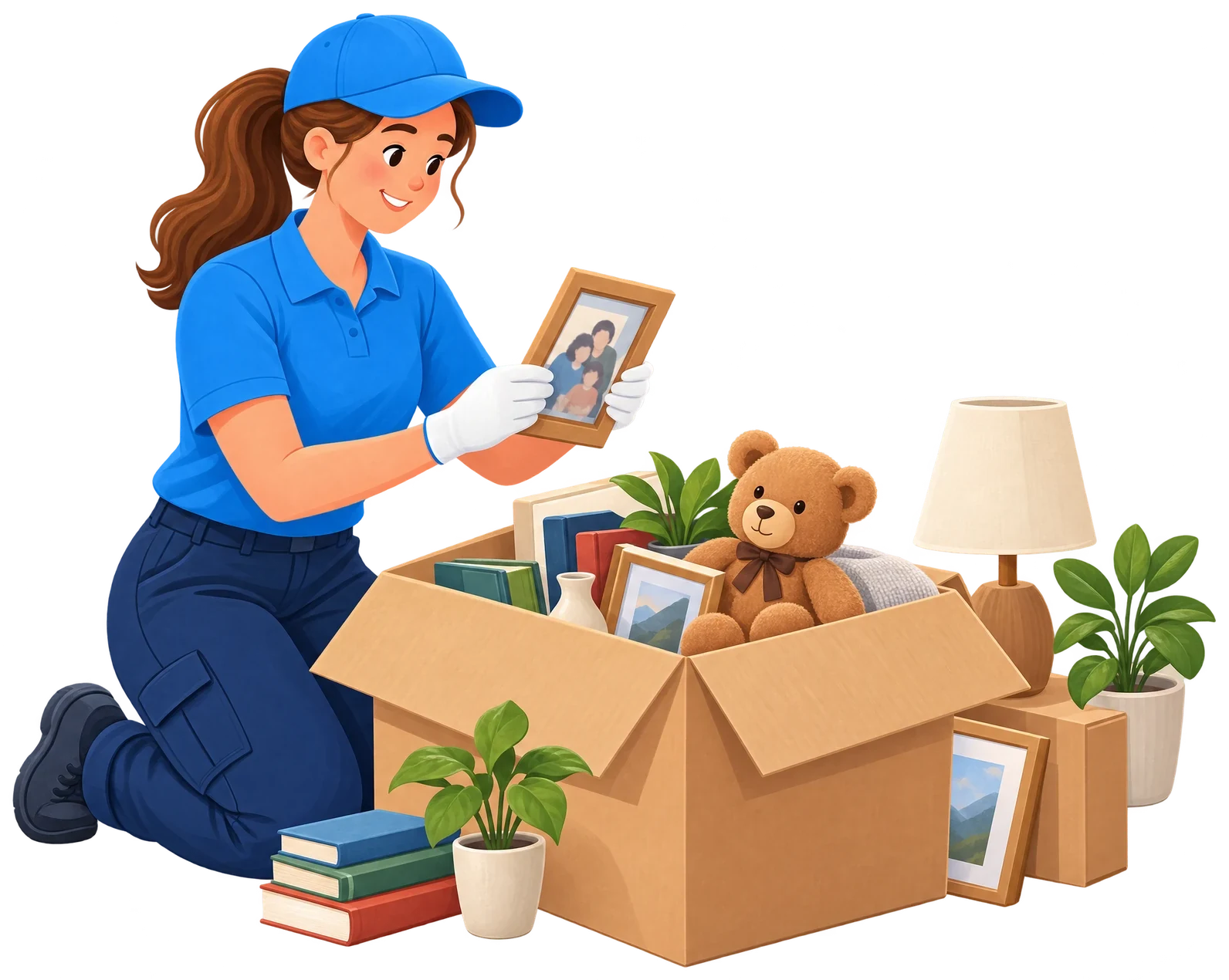 Illustration: Eine Mitarbeiterin im blauen Polo kniet vor einem Umzugskarton und sortiert gerahmte Fotos, Bücher und Deko aus.